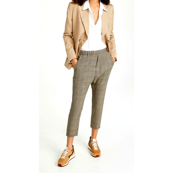 Nili Lotan 4 Elastic Waist Plaid Wool Delancy Dress Pants Cropped Gray Tan - Picture 16 of 16